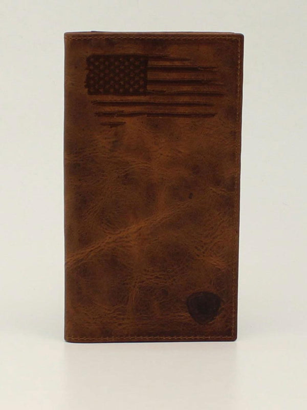 Ariat A3545802 Rodeo Distressed Stitched USA Flag Shield Logo Wallet / Checkbook  Front VIew