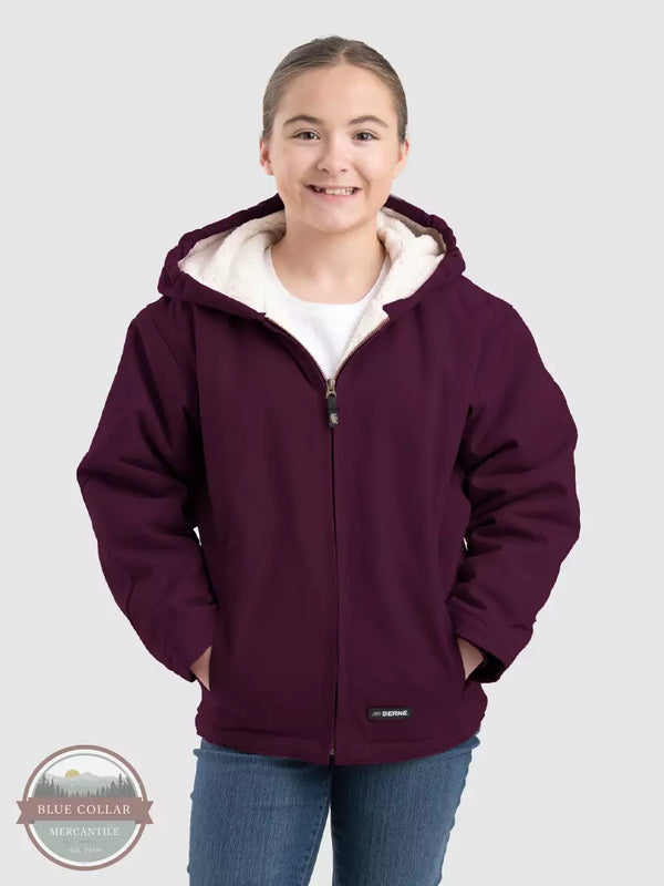 Berne BHJ41 Girl's Youth Sherpa-Lined Softstone Duck Hooded Jacket Plum Front View