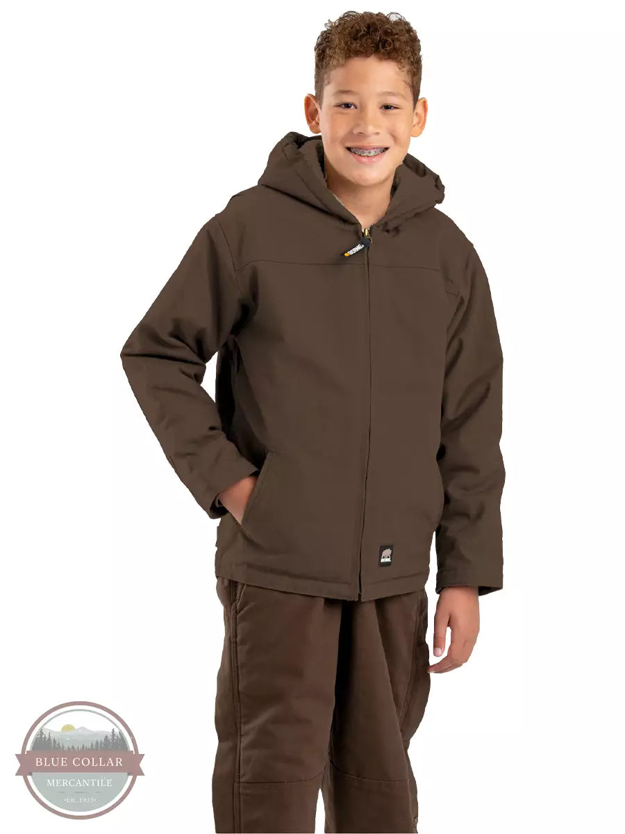 Berne BHJ42 Boy's Youth Sherpa-Lined Softstone Duck Hooded Jacket Bark Front View