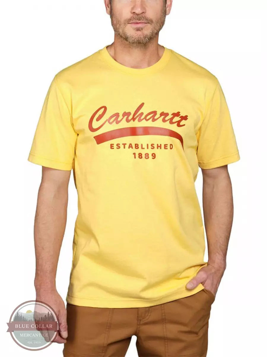 Carhartt 105714 Relaxed Fit Heavyweight Short Sleeve Script Graphic T-Shirt Sundance Heather Front View
