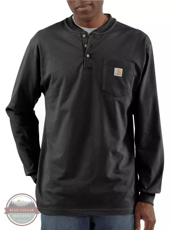 Carhartt K128 Loose Fit Heavyweight Long Sleeve Pocket Henley T-Shirt Black Front View