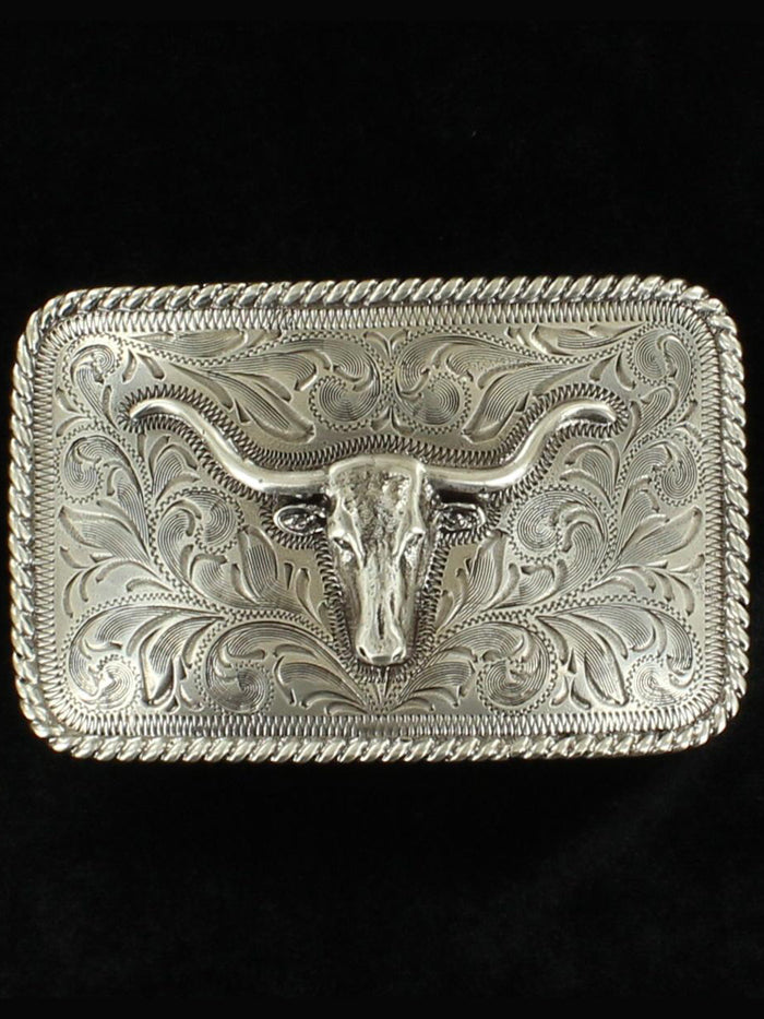 Nocona Rectangle Longhorn Buckle in Silver Front View