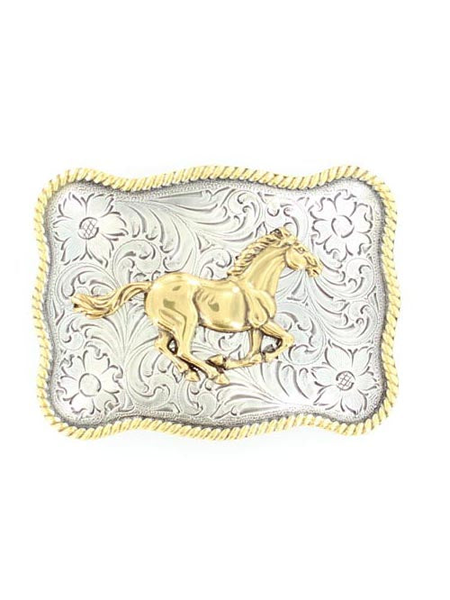 M & F 3757452 Nocona Running Horse Buckle in Silver with Gold Accents Front View