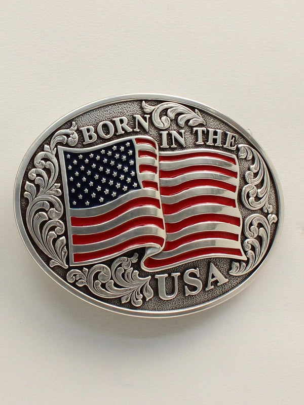 M & F 37594 Nocona Oval Smooth Edge Flag Born in USA Buckle in Silver Front View
