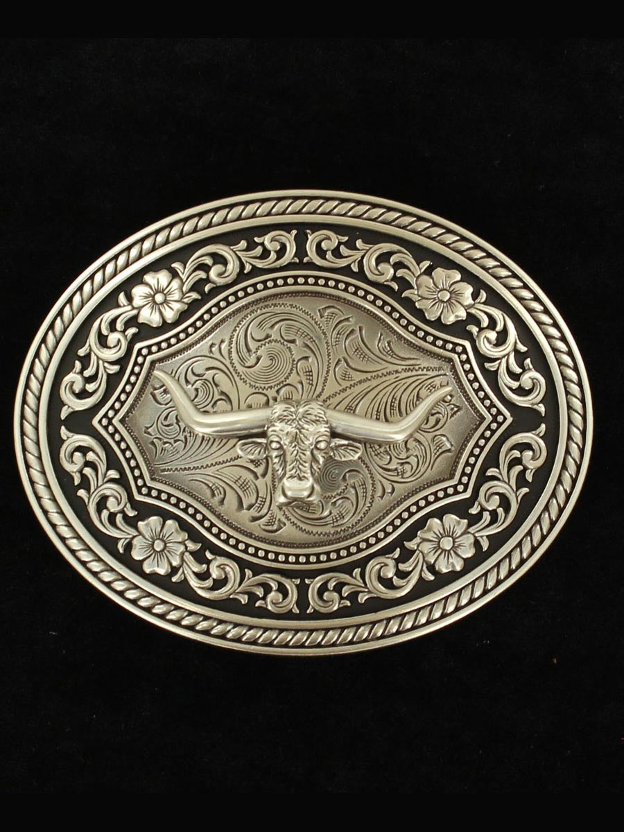 M & F 37708 Nocona Oval Rope Edge Scroll Buckle with Longhorn Motif in Silver Front View