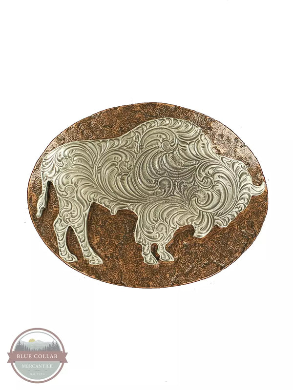 M & F 37712 Oval Silver Buffalo Buckle with Hammered Edge Copper Background Front View