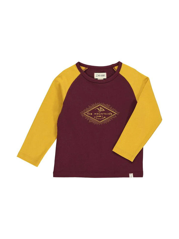 Me & Henry HB940B Mountains are Calling Long Sleeve Raglan T-Shirt in Burgundy and Mustard Front View