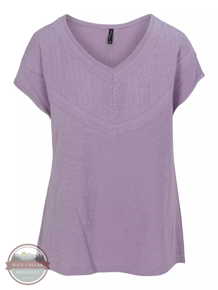 North River NRL1341 Short Sleeve V-Neck Top with Embroidery & Crochet Insets Lavender Front View