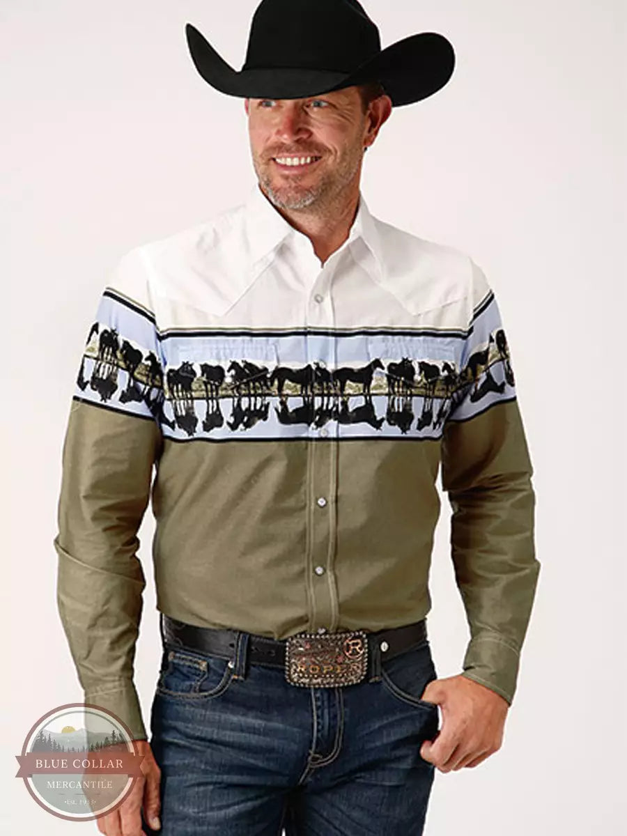 Roper 03-001-0421-0307 BR Waterside Reflection Border Long Sleeve Snap Shirt in Brown & White Front View