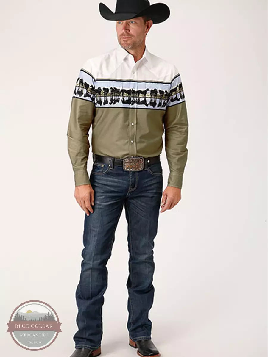 Roper 03-001-0421-0307 BR Waterside Reflection Border Long Sleeve Snap Shirt in Brown & White Full View