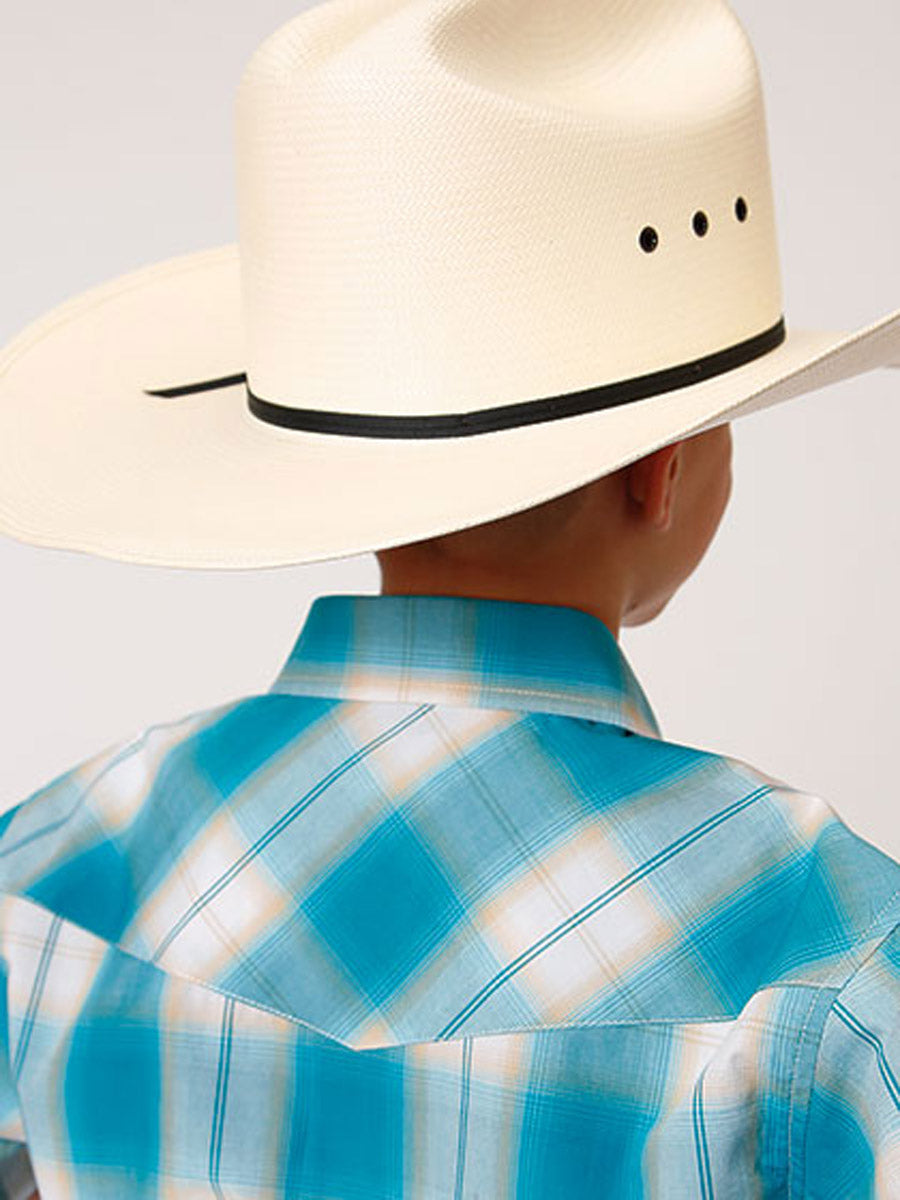 Roper 03-031-0278-4046 BU Amarillo Saddle Plaid Print Short Sleeve Snap Western Shirt in Turquoise Plaid Back View