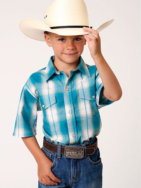 Roper 03-031-0278-4046 BU Amarillo Saddle Plaid Print Short Sleeve Snap Western Shirt in Turquoise Plaid Front View