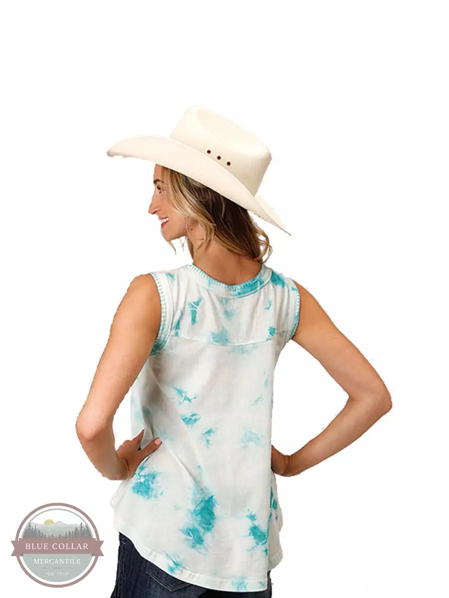 Roper 03-037-0514-2044 BU Embroidered Longhorn Knit Tank Top in Ivory & Turquoise Tie Dye Back View
