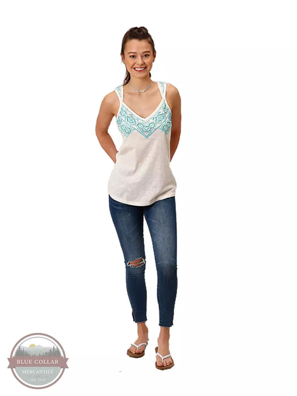 Roper 03-037-0514-2047 WH Turquoise Embroidery and Beading Knit Tank Top in White Full View