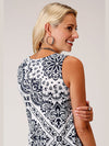 Roper 03-037-0514-5020 WH Studio West Blue and White Bandana Print Sweater Jersey V-Neck Tank Back View