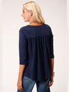 Roper 03-038-0513-5036 BU Studio West Colorful Floral Embroidery on Navy Cotton Slub Jersey 3/4 Sleeve Peasant Shirt Back View