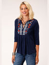 Roper 03-038-0513-5036 BU Studio West Colorful Floral Embroidery on Navy Cotton Slub Jersey 3/4 Sleeve Peasant Shirt Front View