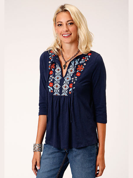 Roper 03-038-0513-5036 BU Studio West Colorful Floral Embroidery on Navy Cotton Slub Jersey 3/4 Sleeve Peasant Shirt Front View