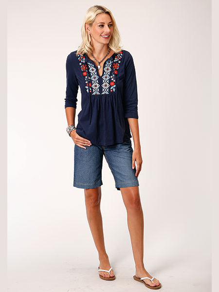 Roper 03-038-0513-5036 BU Studio West Colorful Floral Embroidery on Navy Cotton Slub Jersey 3/4 Sleeve Peasant Shirt Full View