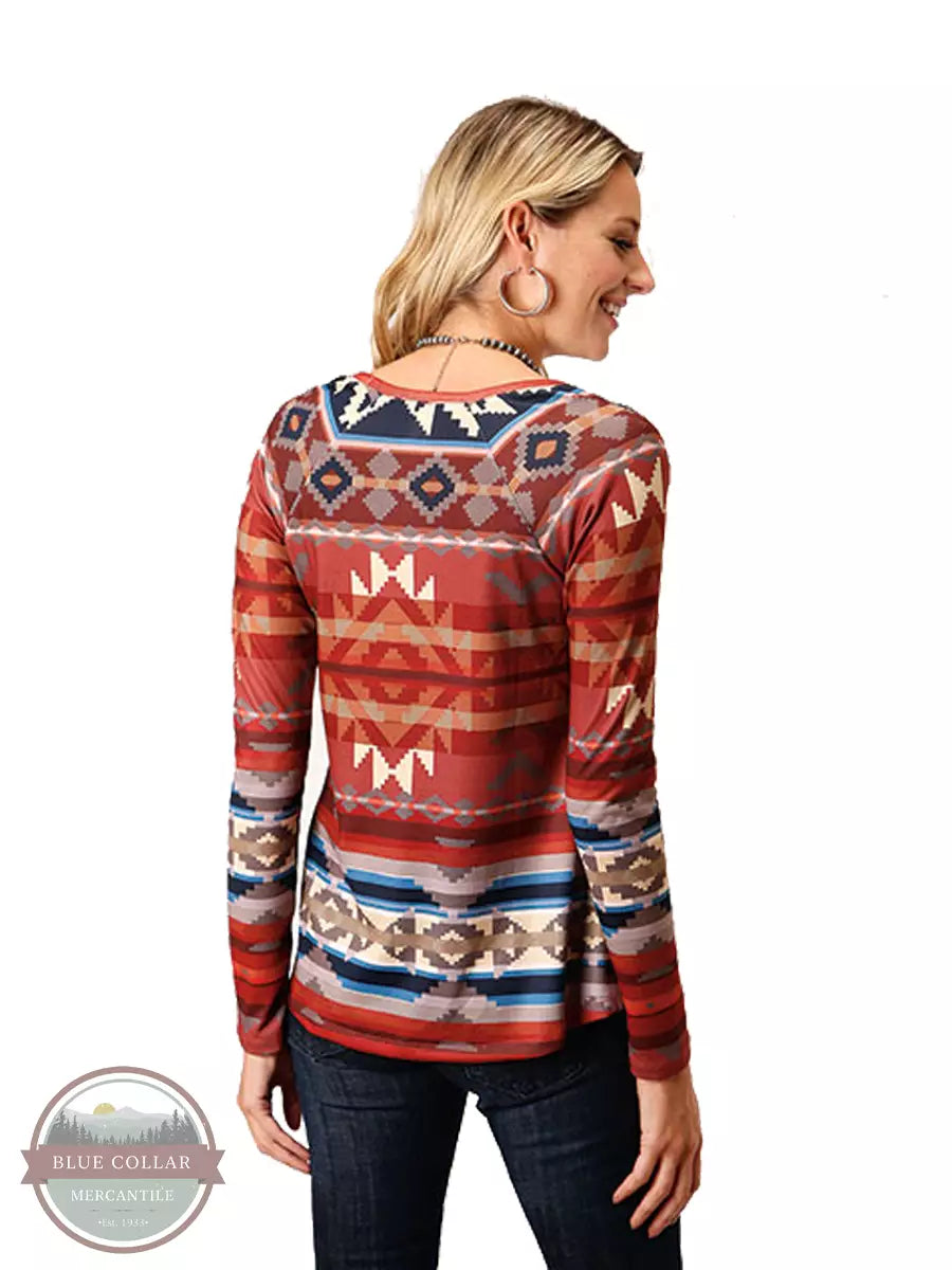 Roper 03-038-0514-7052 RT Aztec Print Sweater Jersey Scoop Neck Long Sleeve Top in Rust Back View