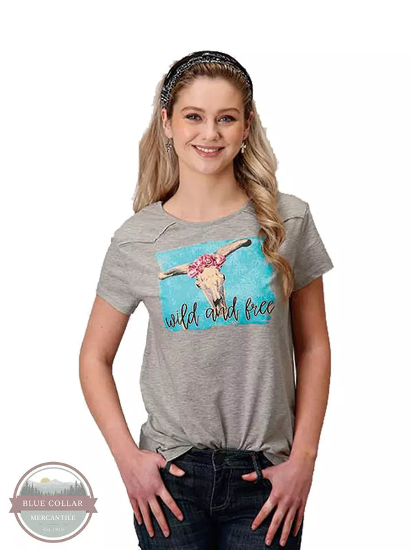 Roper 03-039-0513-0189 GY Wild and Free Short Sleeve T-Shirt in Grey with Front Yokes Front View