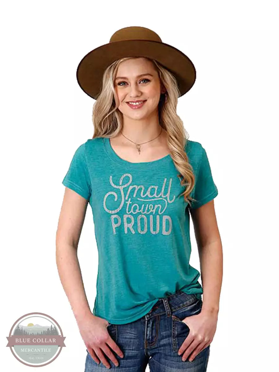 Roper 03-039-0513-0192 BU Small Town Proud Short Sleeve T-Shirt in Turquoise Front View