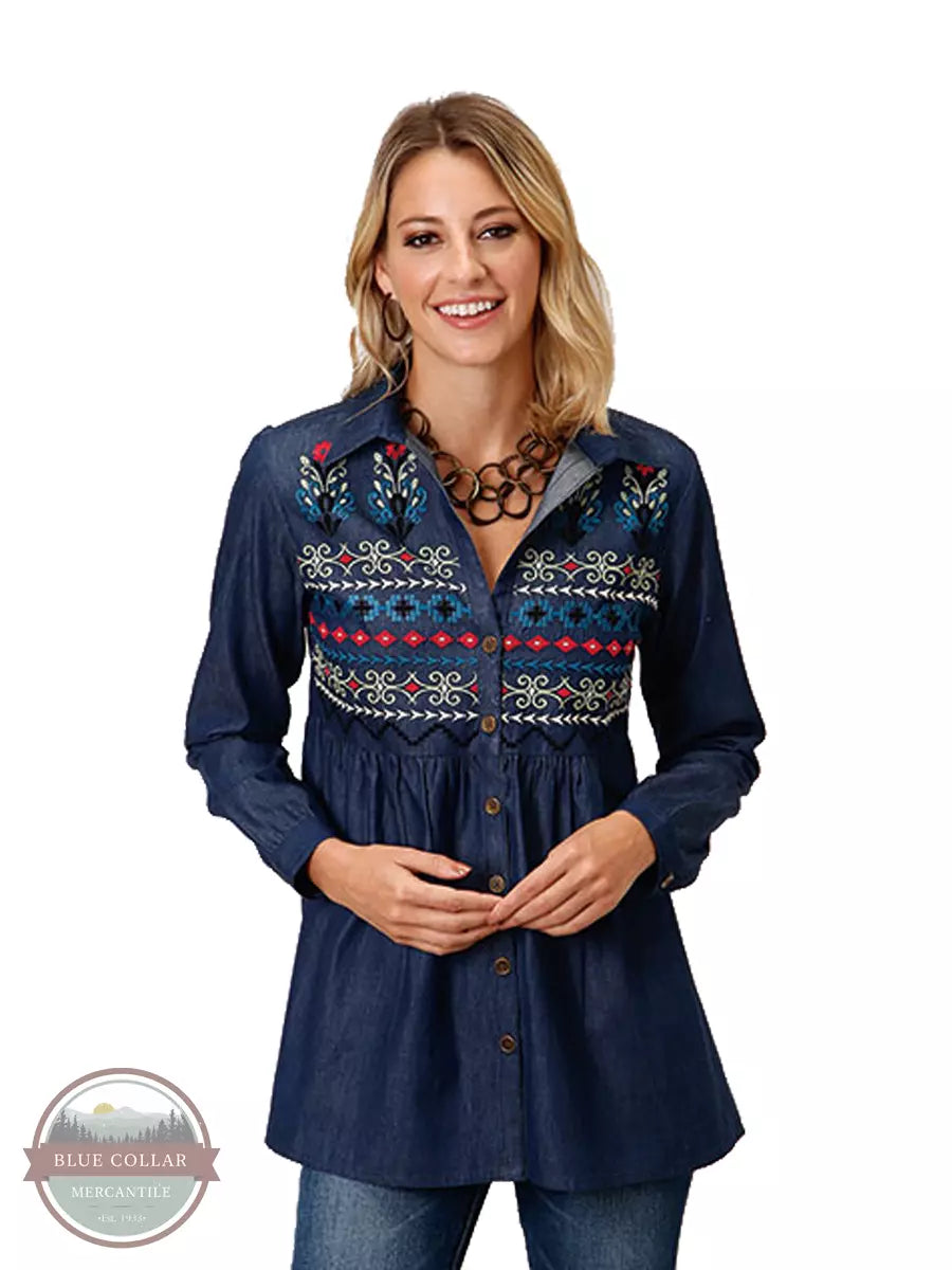 Roper 03-050-0565-7067 BU Denim Long Sleeve Western Tunic with Embroidery Front View