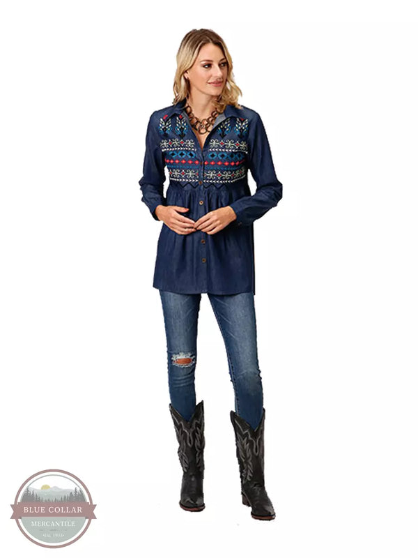Roper 03-050-0565-7067 BU Denim Long Sleeve Western Tunic with Embroidery Full View