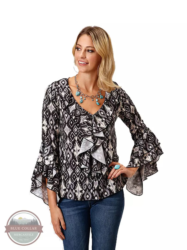 Roper 03-050-0590-7019 BL Ruffled Long Sleeve Western Shirt in Black and White Print Front View