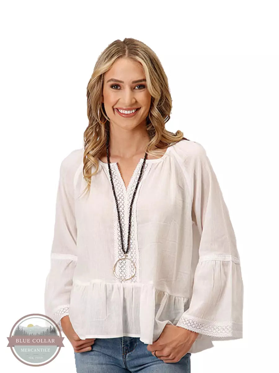 Roper 03-050-0592-3014 WH White Split Neck 3/4 Sleeve Blouse with Lace and Ruffles Front View