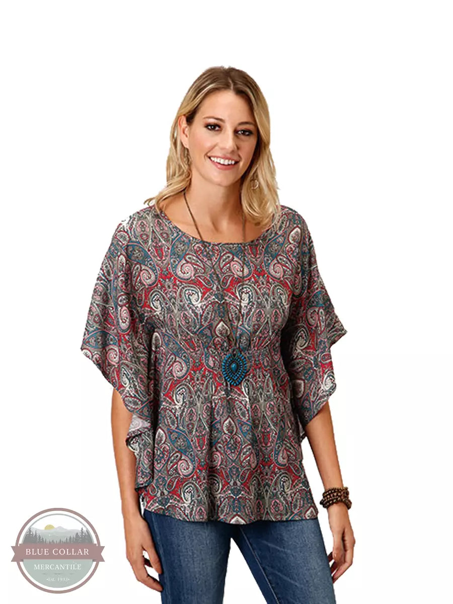 Roper 03-051-0590-7033 GR Flowy Poncho in Sage Paisley Print Front View