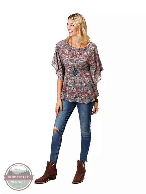 Roper 03-051-0590-7033 GR Flowy Poncho in Sage Paisley Print Full View