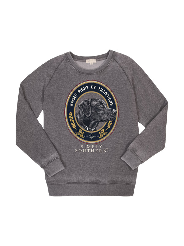 Simply Southern CREW-GOODTIME-SPACE Raised Right with Dog Sweatshirt in Gray Front View