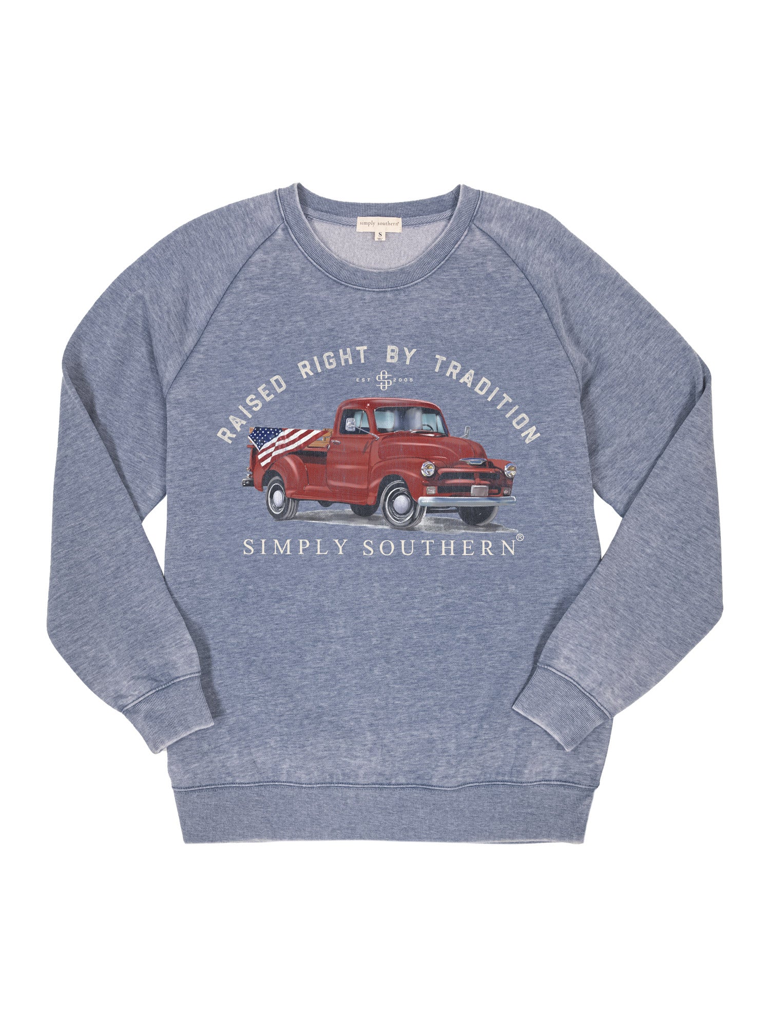 Simply Southern CREW-TRUCK-DEPSEA Raised Right with Red Truck Sweatshirt in Blue Front View