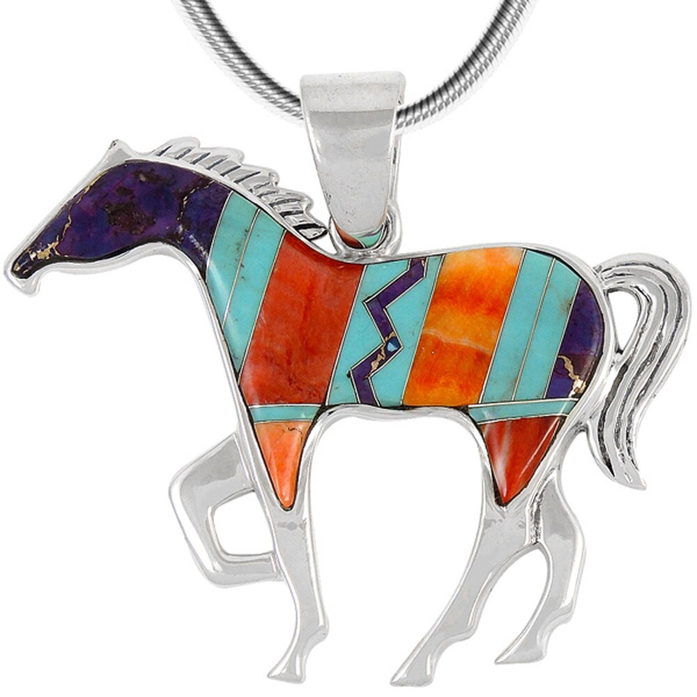 Turquoise Factory P3049-SM Horse Pendant Sterling Silver & Turquoise or Gemstone Necklace-C30-Multi2