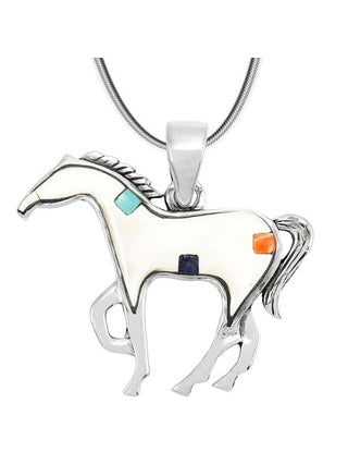 Turquoise Factory P3049-SM Horse Pendant Sterling Silver & Turquoise or Gemstone Necklace White Shell