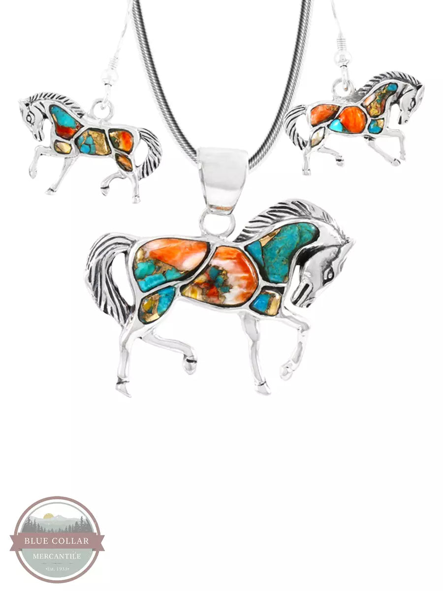 Turquoise Factory PE4016-C89 Sterling Silver Horse Pendant & Earrings Set in Spiny Turquoise Front View