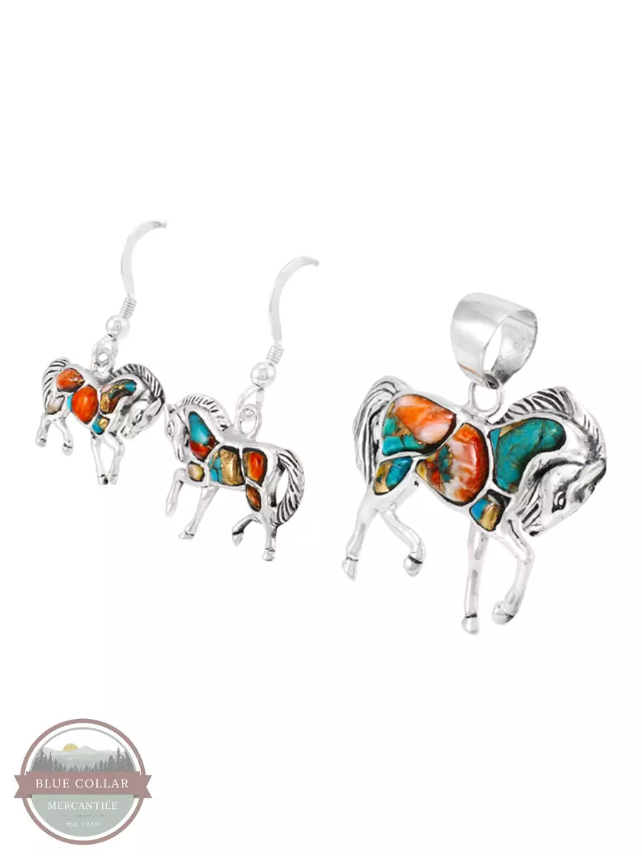 Turquoise Factory PE4016-C89 Sterling Silver Horse Pendant & Earrings Set in Spiny Turquoise Profile View