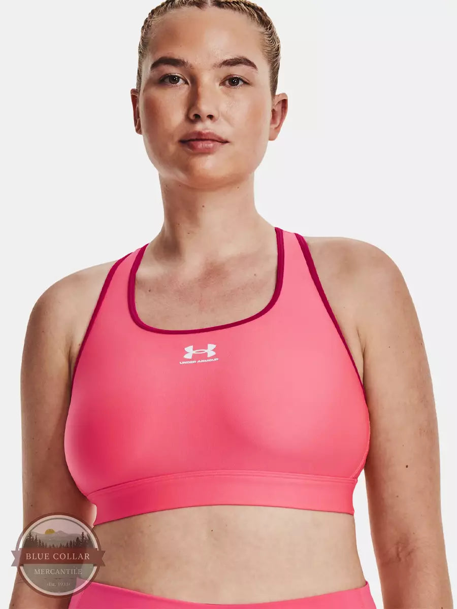 Under Armour 1373865-683 Mid Padless Sports Bra in Pink Shock XL Front View