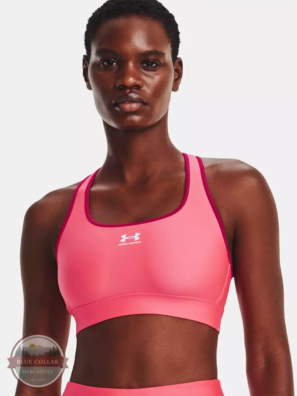 Under Armour 1373865-683 Mid Padless Sports Bra in Pink Shock Small Front View