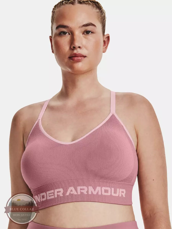 Under Armour 1373870-697 Seamless Low Longline Rib Sports Bra in Pink Elixir/Pink Sugar XL Front View