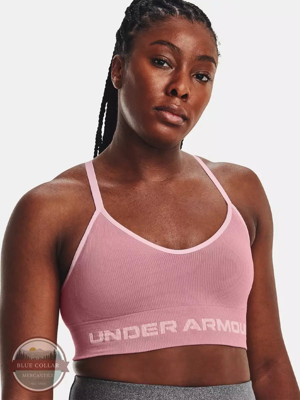 Under Armour 1373870-697 Seamless Low Longline Rib Sports Bra in Pink Elixir/Pink Sugar Small Front View
