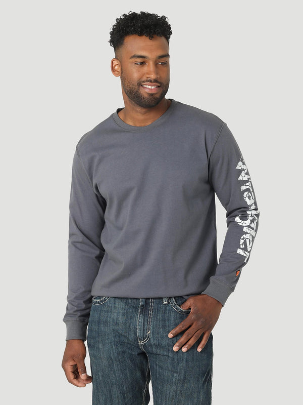 Wrangler 112317442 Flame Resistant Distressed Arm Logo Graphic Long Sleeve T-Shirt in Castle Rock Front View