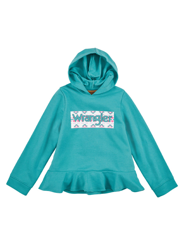 Wrangler 112317733 Southwestern Logo Graphic Ruffle Hem Hoodie in Teal Front View
