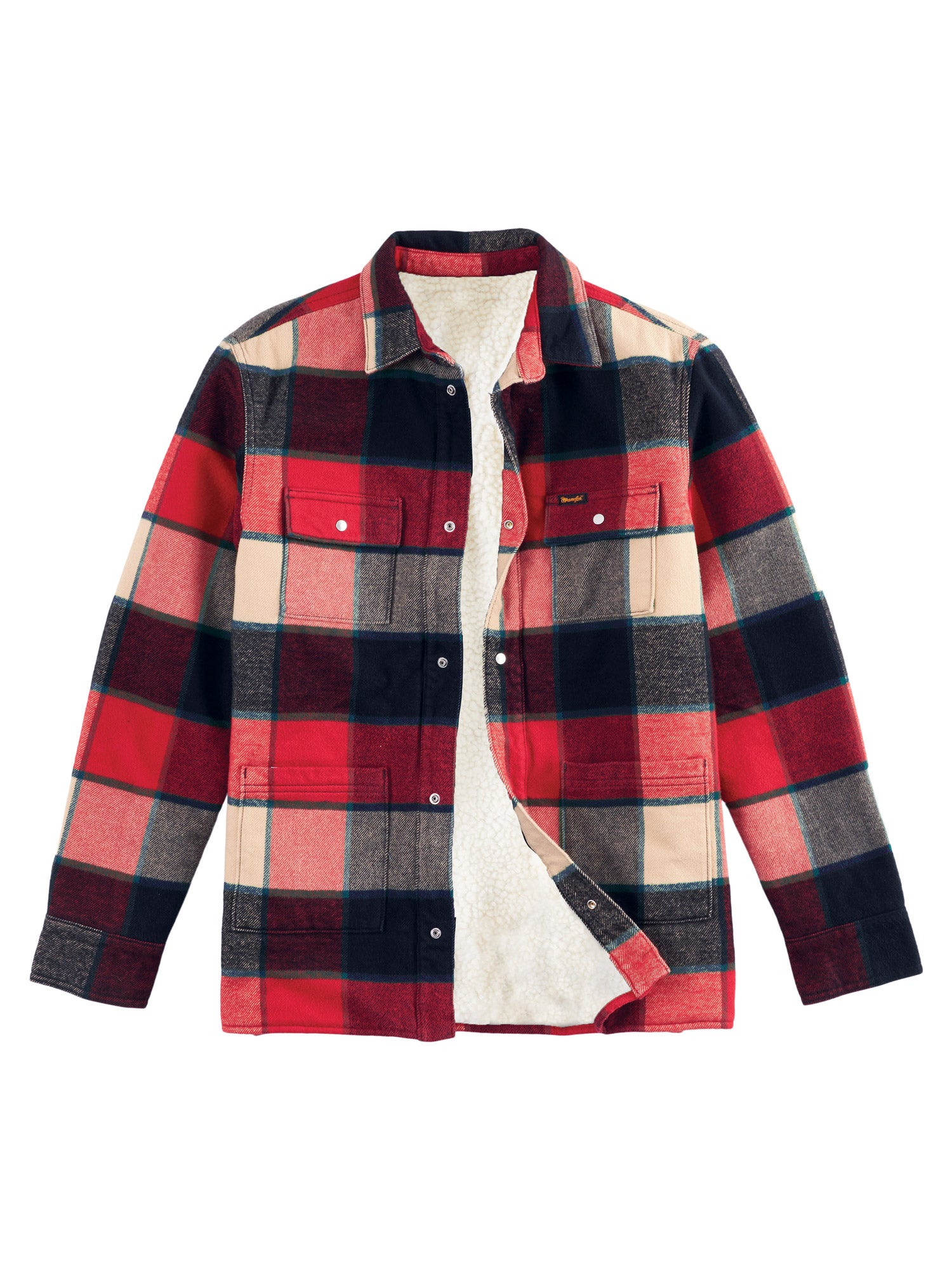 Wrangler 112318490 Sherpa Lined Flannel Jacket in Racing Red Plaid﻿ Front View