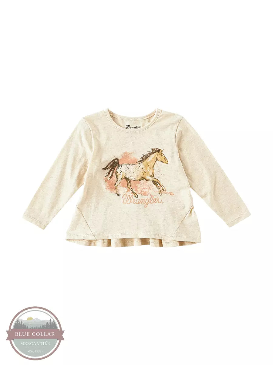 Wrangler 112322458 Girl's Infant and Toddler Long Sleeve Horse Run T-Shirt in Oatmeal Front View