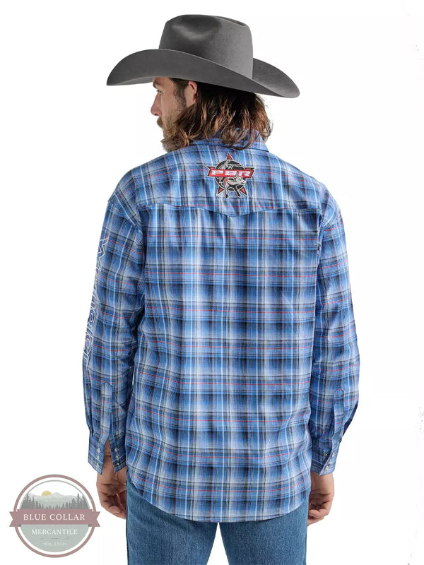 Wrangler 112324696 Blue Plaid PBR Long Sleeve Western Snap Shirt Back View