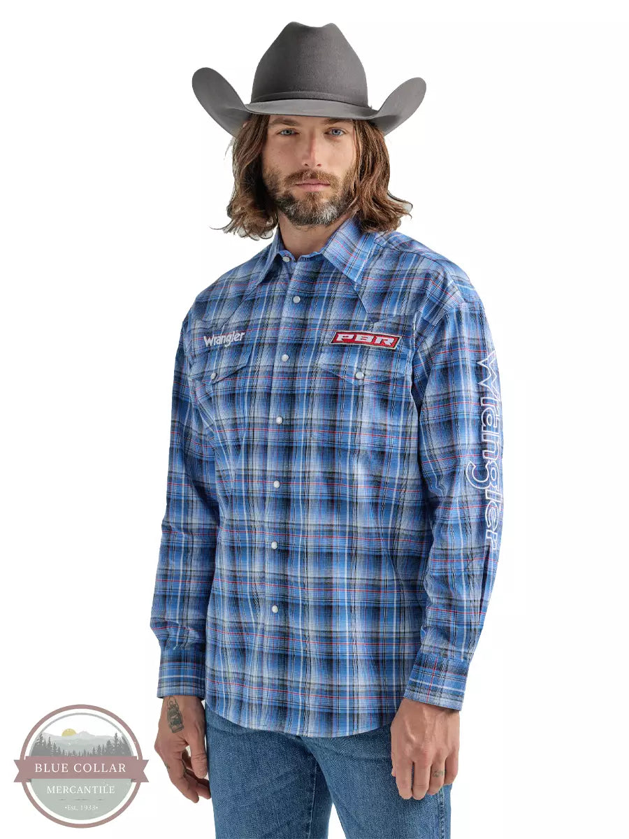 Wrangler 112324696 Blue Plaid PBR Long Sleeve Western Snap Shirt Front View