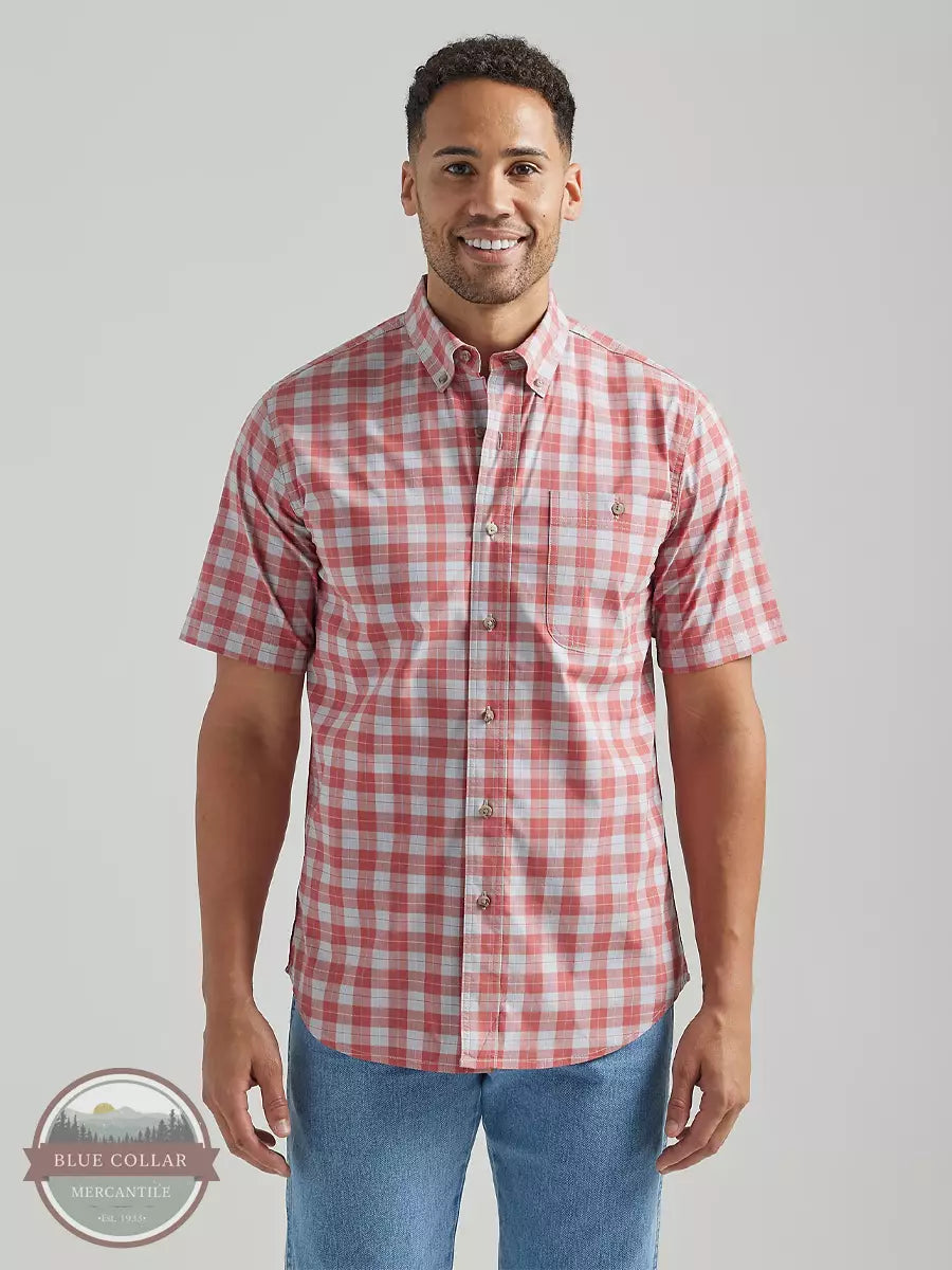 Wrangler 112325030 Rugged Wear Short Sleeve Wrinkle Resist Plaid Button Down Shirt in Pale Red Front View