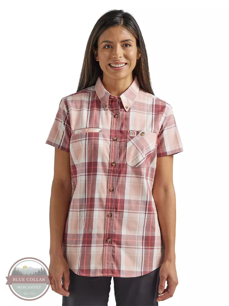Wrangler 112325691 Riggs Workwear Short Sleeve Foreman Button Down Shirt in Pink Berry Plaid Front View